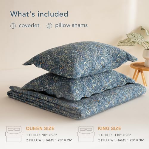 Lady Ann 100% Cotton King Quilt, Navy Blue Floral Botanical Pattern Printed King Bedding Set, 3 Pcs Vintage Lightweight Quilted Coverlet Ultra Soft Bedspread Set for All Season