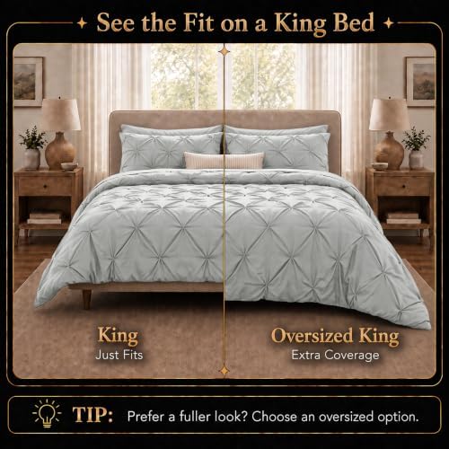 CozyLux King Size Comforter Set Light Grey, 7 Pieces Pintuck Bed in a Bag