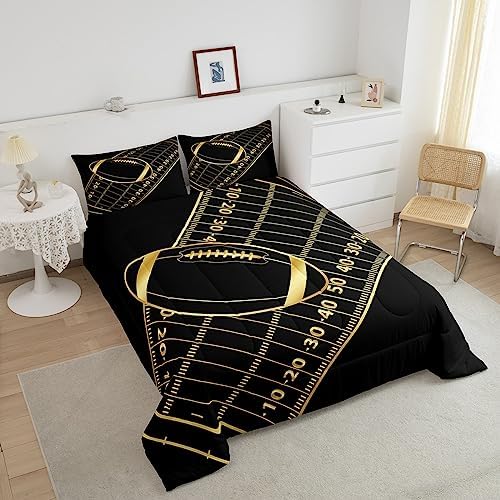 Castle Fairy American Football Comforter Set King Size Geometric Lines Football Field Bedding Set for Kids Boys Girls Teens Room Decor Ball Sport Games Quilt Set Fashion Gold Black Duvet Insert 3Pcs