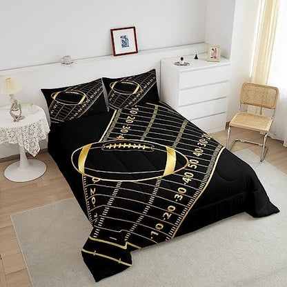 Castle Fairy American Football Comforter Set King Size Geometric Lines Football Field Bedding Set for Kids Boys Girls Teens Room Decor Ball Sport Games Quilt Set Fashion Gold Black Duvet Insert 3Pcs