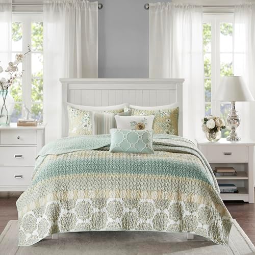 Madison Park Cotton Floral Coverlet Green King Quilt Set, 6pc