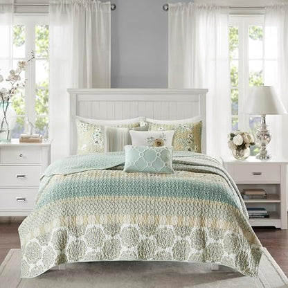 Madison Park Cotton Floral Coverlet Green King Quilt Set, 6pc