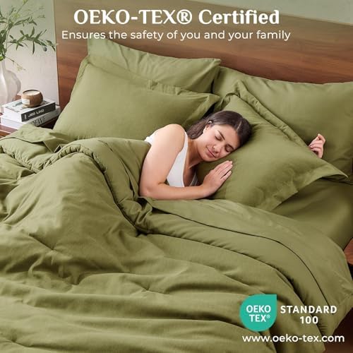 JOLLYVOGUE Olive Green Full Comforter Set, Cationic Dyeing Bed in a Bag Full 7 Pieces, Double-Tone Bedding Set with Down Alternative Comforter, Sheets, Pillowcases & Shams