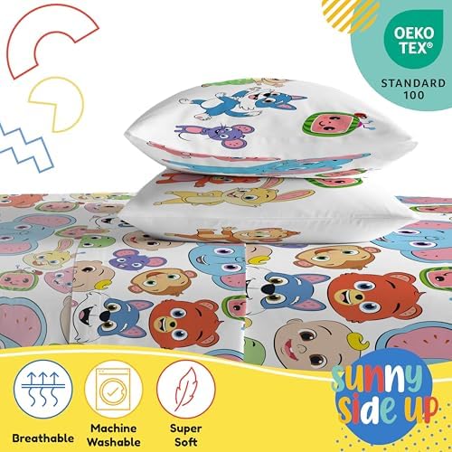 Sunny Side Up CoComelon Full Size Sheeet Set - 4 Piece Kids Animals Bedding Set Includes Pillow Cover - Super Soft Microfiber Sheets