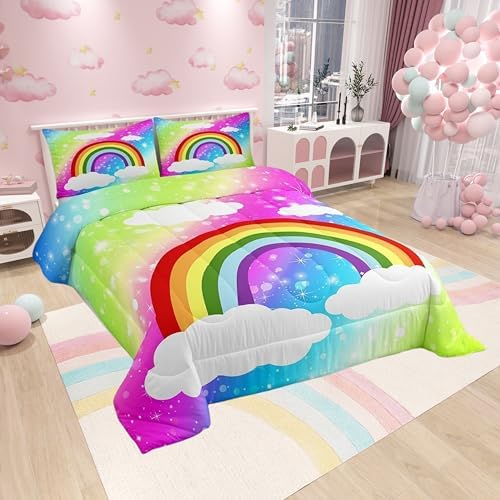 Castle Fairy Rainbow Children Comforter Set,Colorful Gradient Bedding Set for Women Girls,Adults Soft Starry Sky Comforter,Kids Kawaii Quilted Duvet Set Bedroom Collection King Size 3Pcs