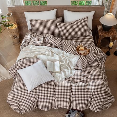 MooMee Gingham Duvet Cover Set 100% Washed Cotton Linen Like