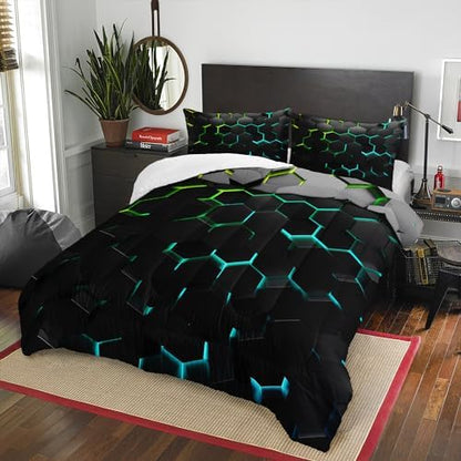 Geometric Green Black Neon Comforter Set,Light Honeycomb 3 Piece Bedding Set Twin for Teen Boys,Modern Bedding Quilt Set Geometry Decor,Microfiber Lightweight 1 Comforter 2 Pillowcases All Season