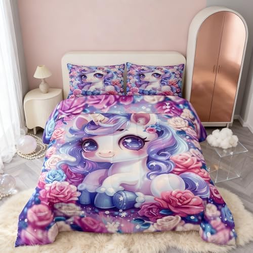 Unicorn Comforter Twin Size Colorful Rose Flower Floral Theme Bedding Set with 1 Pillowcase for Kids Child Girls,Princess Bedroom Cartoon Unicorn Quilt Double-sided Printing Duvet,Colorful Pink