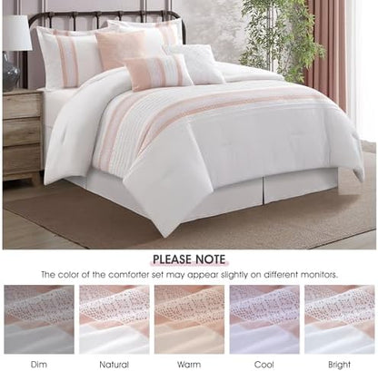 LANCO MODERN LIFESTYLE 7 Piece Comforter Set, Pink White, King Size, Boho Style Geometric Microfiber Embroidery, Bed in a Bag with Bedskirt, Pillow Shams and Decor Pillows