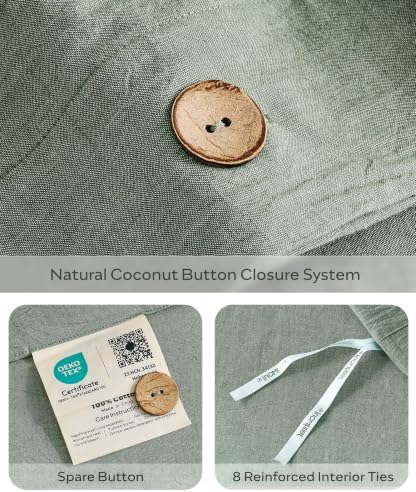 JELLYMONI 100% Washed Cotton Green Duvet Cover Queen, Linen-Like