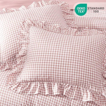 King Size Comforter Set Pink Gingham Ruffle 7 Pieces Farmhouse Bed in a Bag