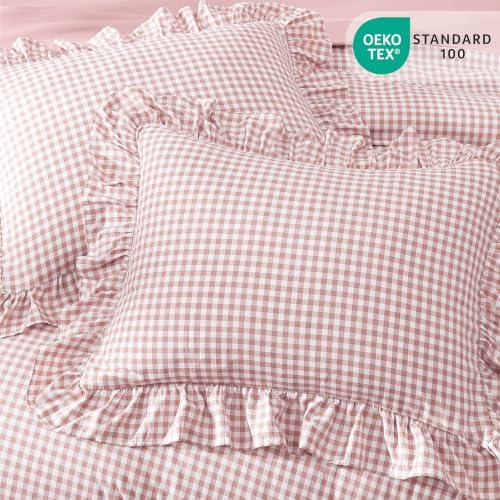Full Size Comforter Set Pink Gingham Ruffle 7 Pieces Farmhouse Bed in a Bag