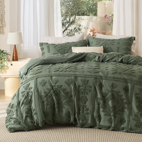Bedsure Boho Duvet Cover Queen, Vintage Tufted Bedding,3-Piece, Olive Green