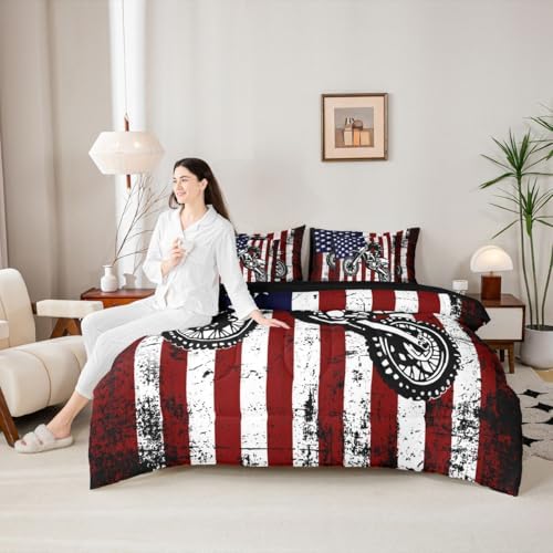 Feelyou Dirt Bike Comforter Set Full 7 Pieces Vintage Flag Bedding Set for Boys Girls Sporty Rider Bed in a Bag Off-Road Racing Room Decor Motocross Art All Season Quilted Breathable Soft Lightweight