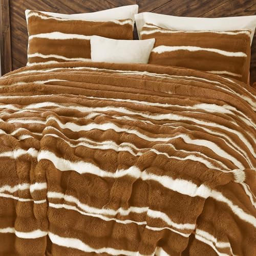 Wonderful 3 Pieces Fluffy Faux Rabbit Fur Comforter Set Queen Size, Caramel Plush Fuzzy Bedding Set, Animal Stripes Design Warm Soft Comforter Bedding Set for All Season,90"x94"