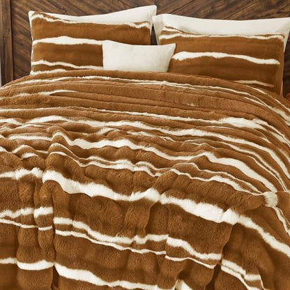 Wonderful 3 Pieces Fluffy Faux Rabbit Fur Comforter Set Queen Size, Caramel Plush Fuzzy Bedding Set, Animal Stripes Design Warm Soft Comforter Bedding Set for All Season,90"x94"
