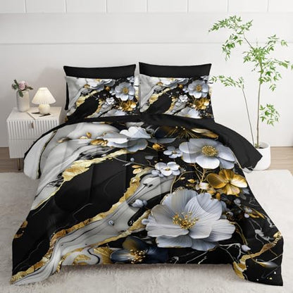 7 Piece Marble Floral Comforter Set King，Black and White Marble Bedding Set，Black and Gold Marble Bedroom Decor，(1 Comforter, 1 Flat Sheet, 1 Fitted Sheet, 2 Pillowcase and 2 Pillow Sham)