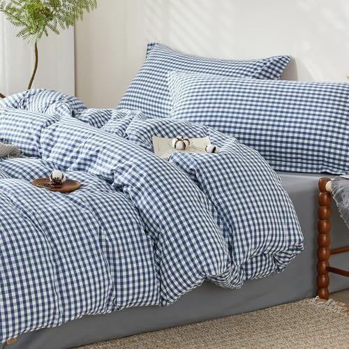 SAPHREAS Gingham Duvet Cover Set King Size, 100% Washed Cotton Linen Like Plaid Comforter Cover with Zipper Closure & Corner Ties (No Comforter), 104x90 Navy