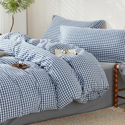 SAPHREAS Gingham Duvet Cover Set King Size, 100% Washed Cotton Linen Like Plaid Comforter Cover with Zipper Closure & Corner Ties (No Comforter), 104x90 Navy
