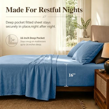 MEISHANG 100% French Linen Sheets King,4 Pcs,16" Deep Pocket