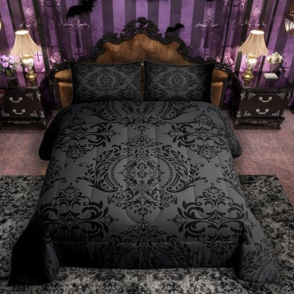 Feelyou Black Gothic Damask Floral Comforter Set Full Size Bedding Set