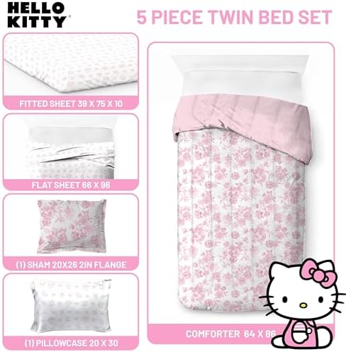 Jay Franco Comforter Set Includes Sheets and Pillow Covers - Soft and Cozy Bed Set for Stylish Room Decor, Official Licensed Product, Multi - Hello Kitty, 5 Piece Twin