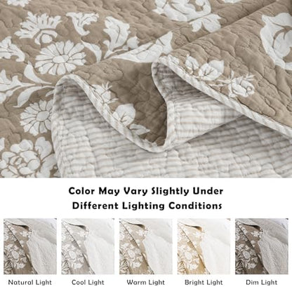 Queen Size Quilt Set - 100% Cotton Taupe and White Quilts, 90x98