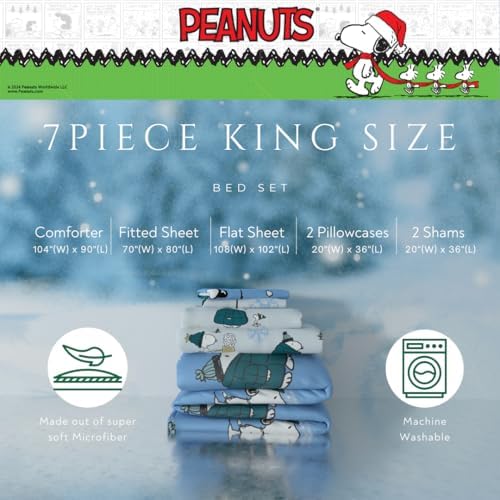 Collectibles Peanuts Snoopy Puffer Holiday & Christmas Bedding Super Soft Comforter and Sheet Set with Sham, 7 Piece King Size (Officially Licensed Product) By Franco