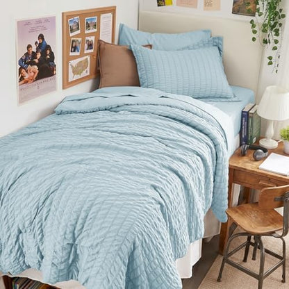 HYMOKEGE Lake Blue Twin Comforter Set Seersucker 5 Pieces, All Season Luxury Bed in a Bag for Bedroom, Bedding Set with Comforters, Sheets, Pillowcase & Shams