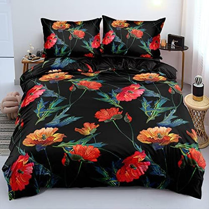 Black Floral Duvet Cover Set Full/Queen Comforter Cover Sets 90"x90" 3 Pieces Bedding Soft Lightweight Flower Bedding