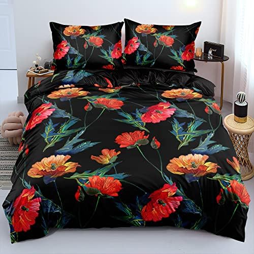 Black Floral Duvet Cover Set Twin Size Comforter Cover Sets 68"x90" 3 Pieces Bedding Soft Lightweight Flower Bed Set