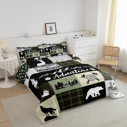 Castle Fairy Rustic Farmhouse Comforter Set Queen Size,Bear Deer Wolf Wild Animals Patchwork Bedding Set for Women Adult,Cabin Decor Exotic Aztec Boho Luxury Bed Duvet Insert, 2 Pillowcases