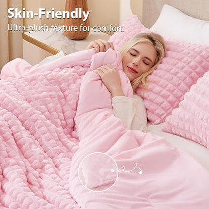 EXQ Home Fluffy Comforter Set Queen Size - Super Soft Faux Fur 3D Grid Jacquard Comforter 3 Pieces, Pink Fleece Bedding Set,Winter Warm Bed Set,1 Comforter with 2 Pillowcases