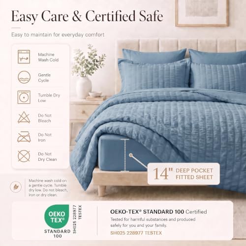 CozyLux Twin XL Comforter Set 5 Pieces Grayish Blue Seersucker Bed in a Bag