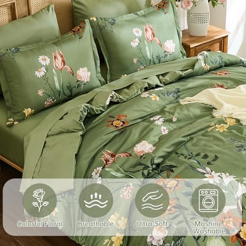 WONGS BEDDING Green Floral Comforter Set King 7 Piece Bedding
