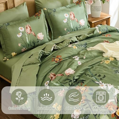 WONGS BEDDING Green Floral Comforter Set King 7 Piece Bedding