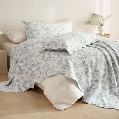 Lady Ann 100% Cotton Oversized King Bedspread 120x120, Light Blue Floral Pattern Printed Quilted Quilt Set with Scalloped Edge, 3 Pcs Extra Large Bed Bedding Set