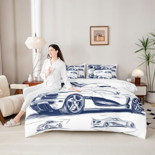Feelyou Navy Blue Race Car Comforter Set with Sheets 7 Piece King Size Speed Sports Car Bedding Set for Kids Boys Girls Extreme Sports Bed in a Bag Room Decor Soft Lightweight Microfiber