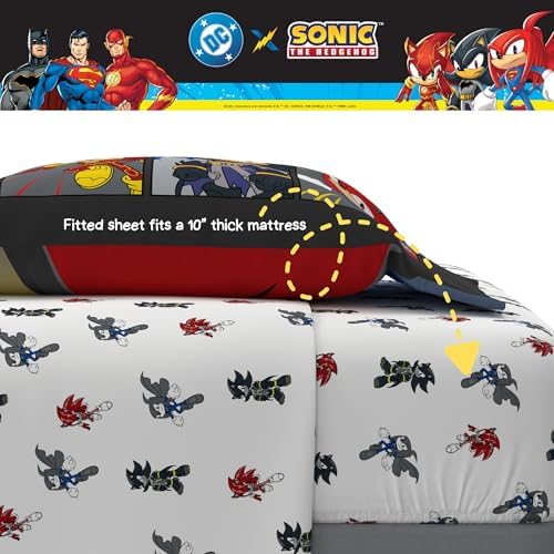 DC x Sonic The Hedgehog Kids Bedding Set, Full Size, 5-Piece Super Soft Cozy Reversible Comforter & Sheet Set (Officially Licensed Product) by Franco