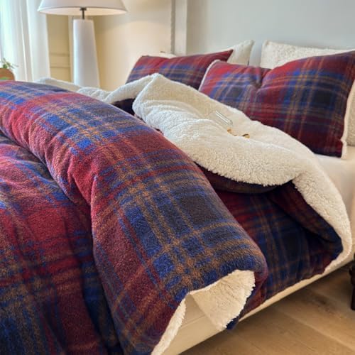 Cyusri Plaid Sherpa Comforter Set 3Pcs Fluffy Warm Fleece Down Alternative, Red Blue Grid Pattern Bedding Set with 2 Pillowcases, Queen Size 90"x90"