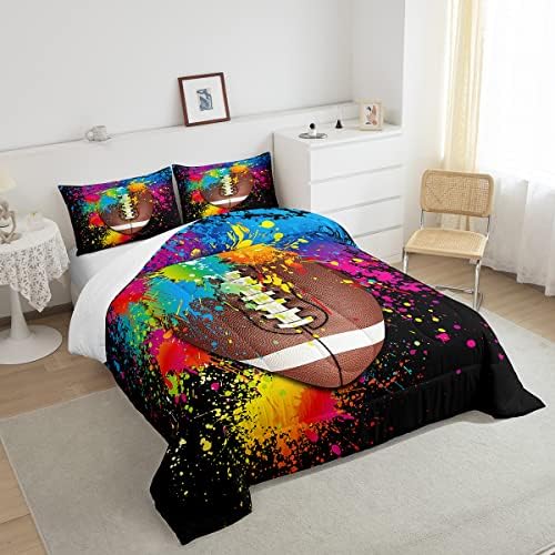 American Football Comforter Set Twin Size,Modern Game Extreme Sport Bedding Set 2pcs for Teens Boys Adults Room,Watercolor Graffiti Duvet Insert Tie Dye Quilted Duvet Set with 1 Pillowcase,Black