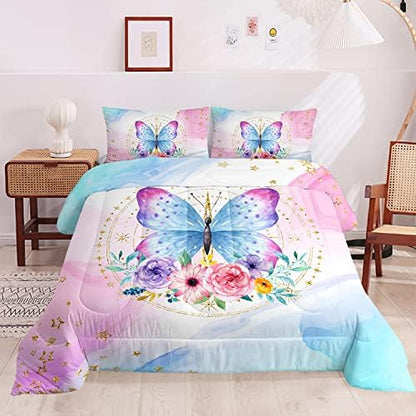 HOSIMA Butterfly Comforter Set Queen,Pink Butterfly Floral Comforter Queen Size for Girls Kids Women Bedroom Decor,Golden Stars and Colorful Butterfly Pattern Bedding Set,Butterfly Bed Set for Girls.