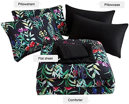 DHSFKBE 7 Piece Bed in a Bag Floral Comforter Set, Botanical Flowers Comforter and Sheet Set, Soft Microfiber Lightweight Bedding Comforter Set for All Season(Dark Floral, Queen)