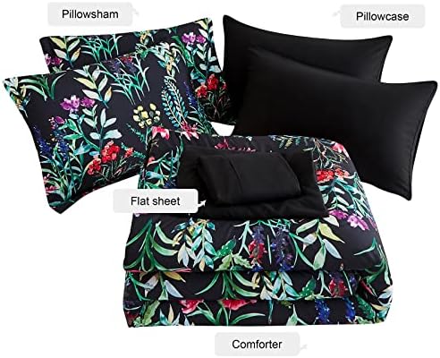 DHSFKBE 7 Piece Bed in a Bag Floral Comforter Set, Botanical Flowers Comforter and Sheet Set, Soft Microfiber Lightweight Bedding Comforter Set for All Season(Dark Floral, King)