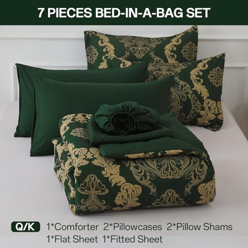 WONGS BEDDING Green Damask King Size Comforter Set, 7 Piece Texture Microfiber Comforter Bedding Set for All Season, Bed in a Bag with Comforter, Flat Sheet, Fitted Sheet, Pillowcases & Shams