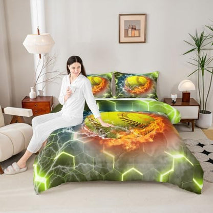 Erosebridal Softball Bedding Set Softball Gifts for Girls, Neon Honeycomb Comforter Set Queen Size, Geometric Hexagon Gradient Quilt Sports Games Ice and Fire Duvet Insert for Boys Teens, Yellow