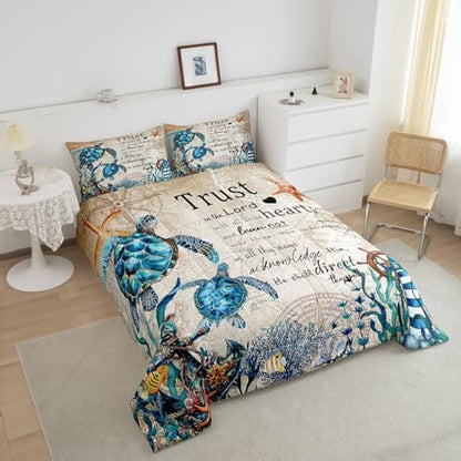 Ocean Turtle Comforter Set Queen Size,Retro Nautical Anchor Bedding Set 3pcs Undersea Fish Coral Shells Quilted Duvet for Teens Kids Girls Boys Room Decor,Bible Quotes Duvet Insert,2 Pillowcases