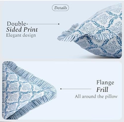 CPC Block Print Indigo Regal Ruffle Cotton Lumbar Pillow Cover 12x20 inch