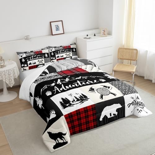 Castle Fairy Deer Antlers Comforter Set King Size,Bear Pine Wolf Hunting Camper Bedding Set All Season Quilt Set,Adventure Rustic Farmhouse Red Plaid Microfiber Polyester Down Comforter