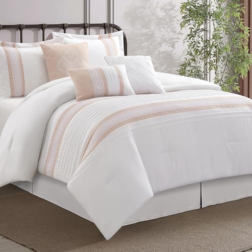 LANCO MODERN LIFESTYLE 7 Piece Comforter Set, Pink White, King Size, Boho Style Geometric Microfiber Embroidery, Bed in a Bag with Bedskirt, Pillow Shams and Decor Pillows